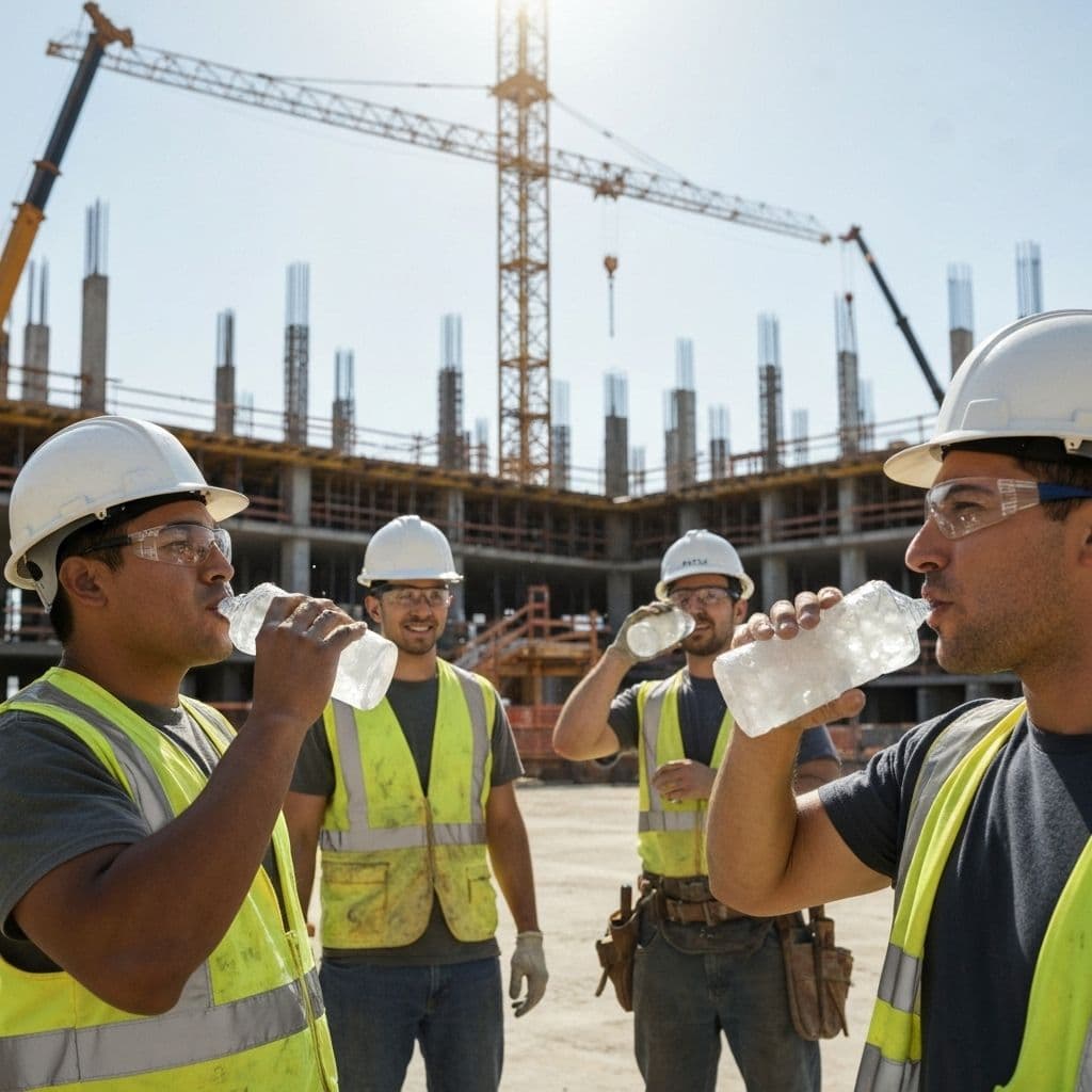 Construction workers taking a break with cold water and ice in Birmingham