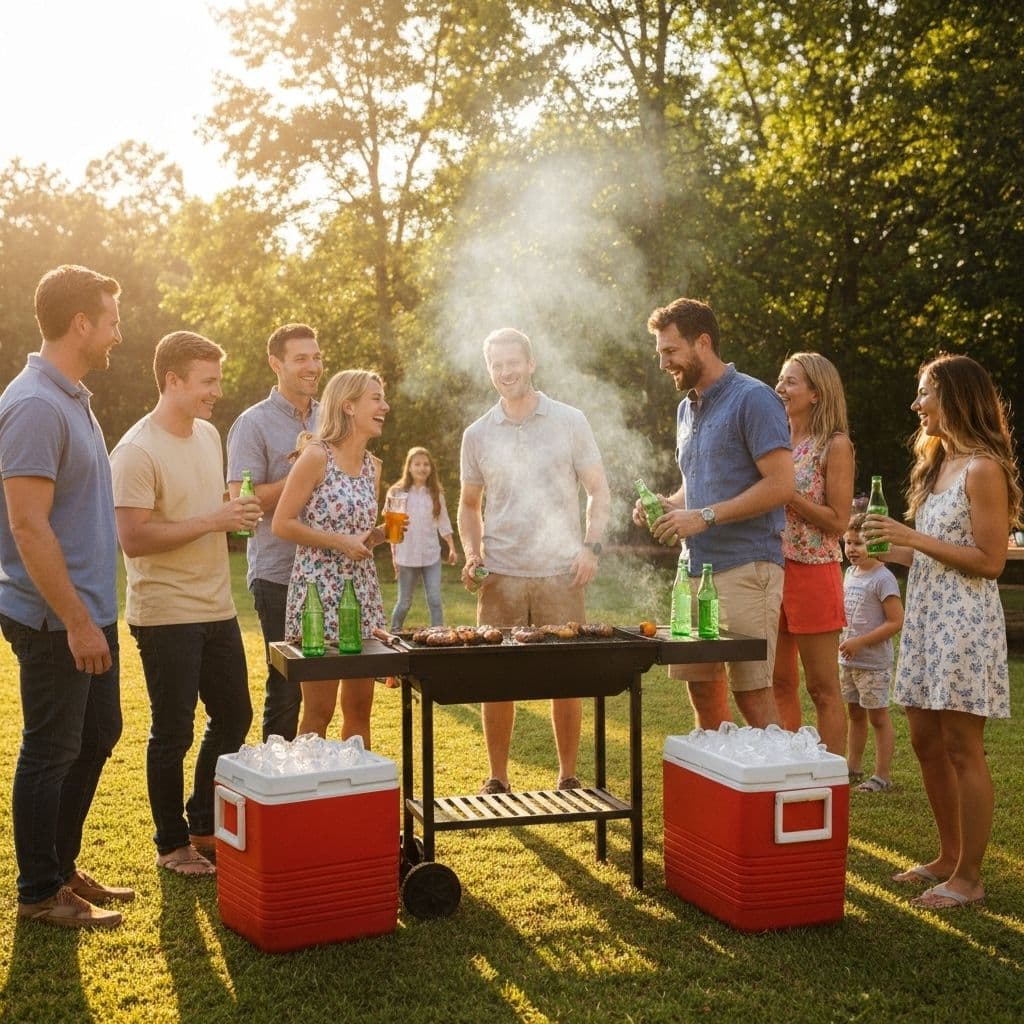 Family backyard BBQ party in Alabama with ice-filled coolers