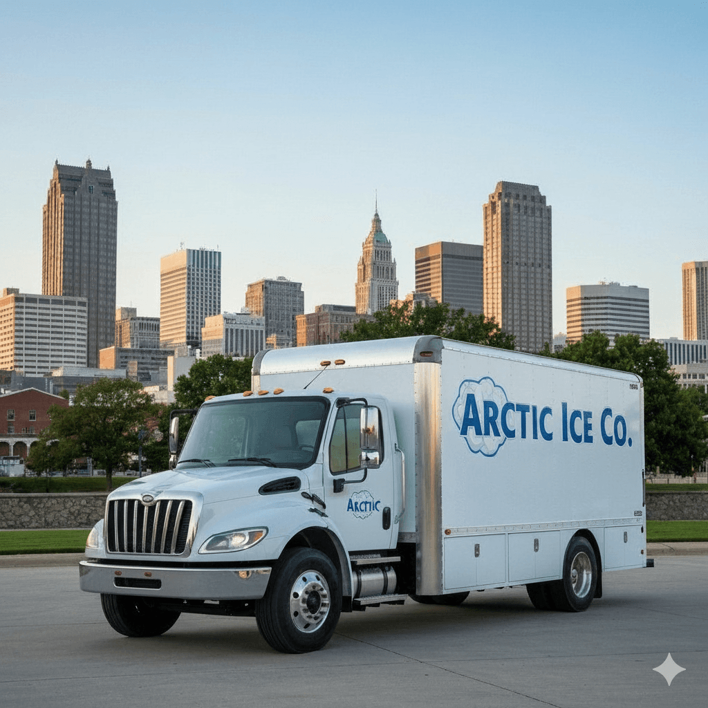 Arctic Ice Co delivery truck with Birmingham skyline