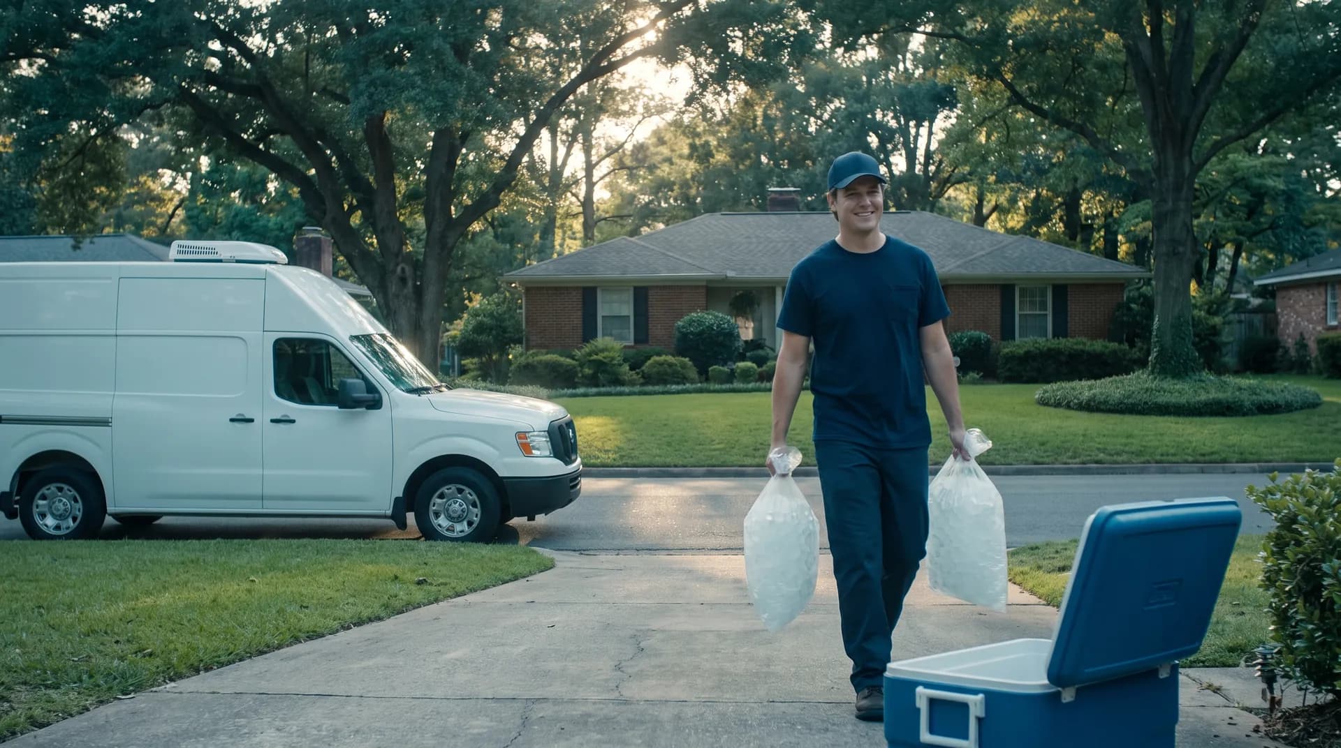 Ice delivery driver carrying bagged ice up a neighborhood driveway — home ice delivery in Helena, AL