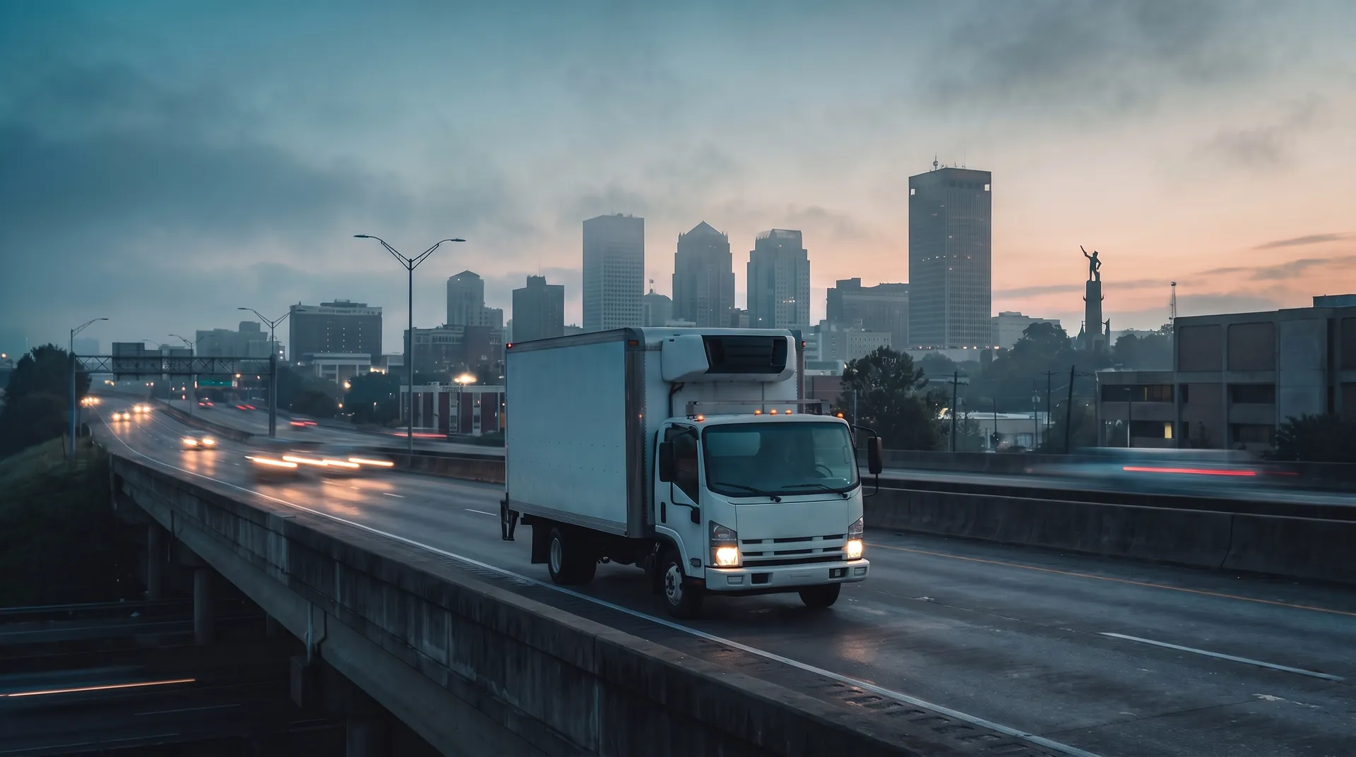 Refrigerated ice delivery truck heading toward the Birmingham, Alabama skyline at dawn