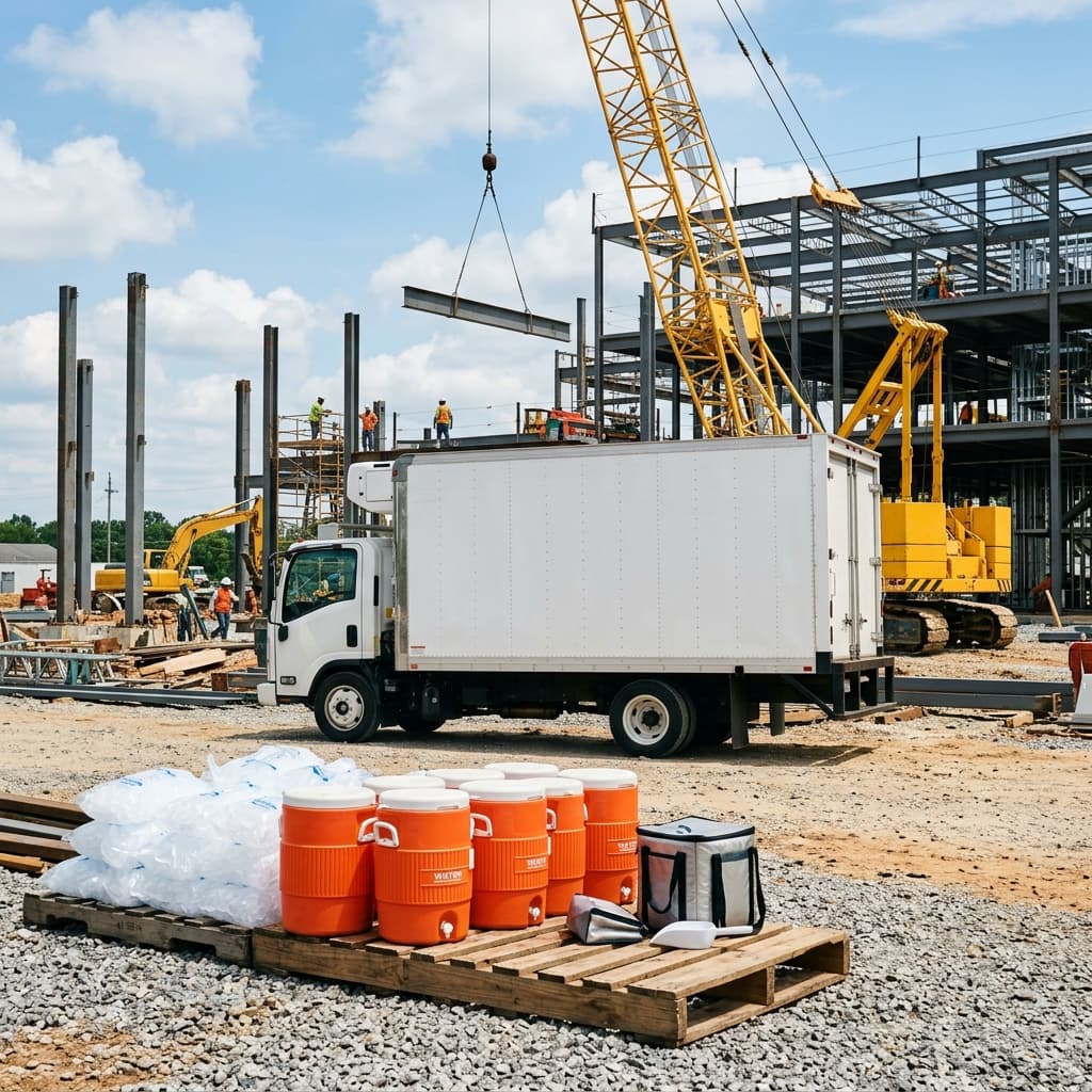White refrigerated delivery truck at a major industrial construction site in Birmingham