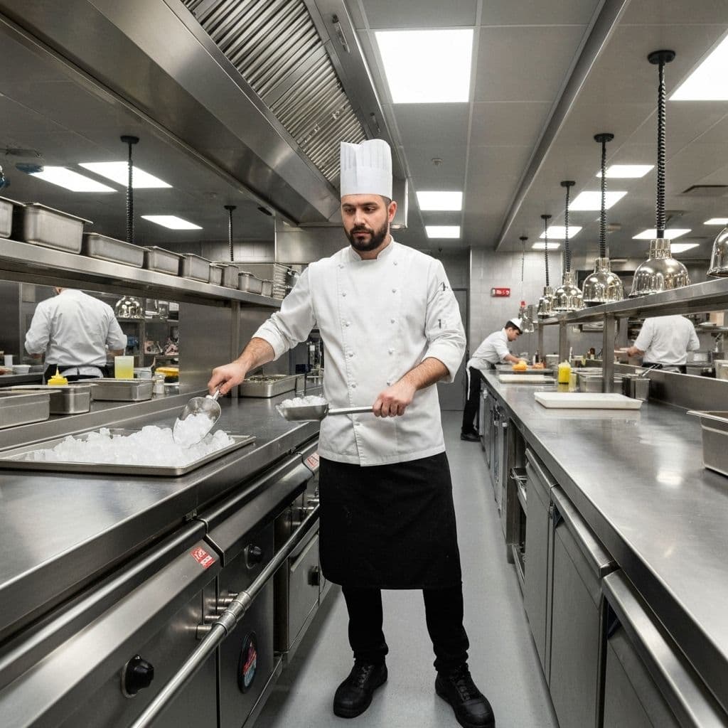 Professional chef handling ice in a Birmingham restaurant